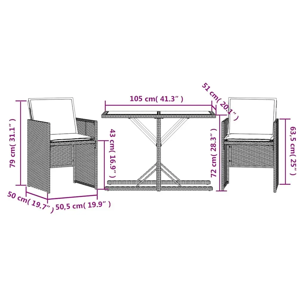 Beige Poly Rattan 3 Piece Bistro Set with Cushions
