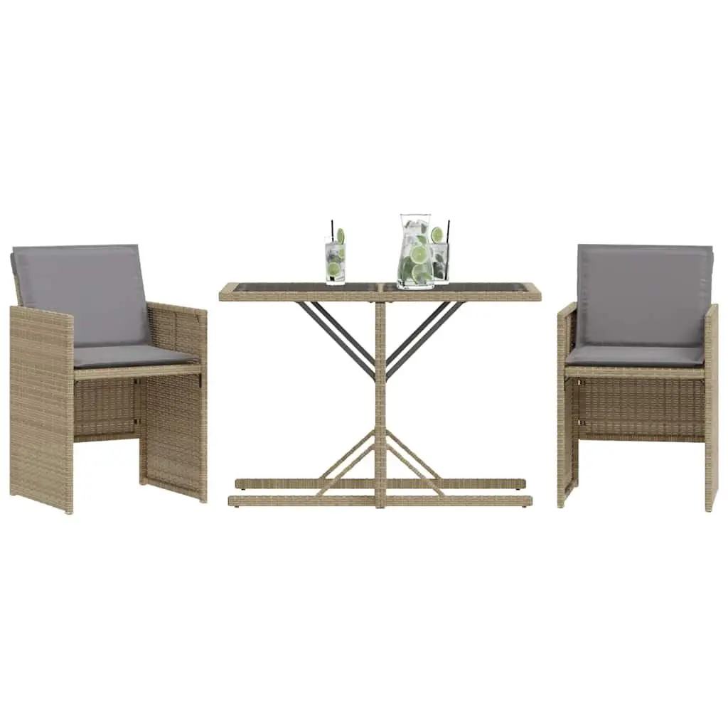 Beige Poly Rattan 3 Piece Bistro Set with Cushions