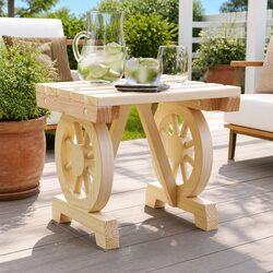 Solid Wood Fir Garden Footstool Ottoman with Wagon Wheel Design