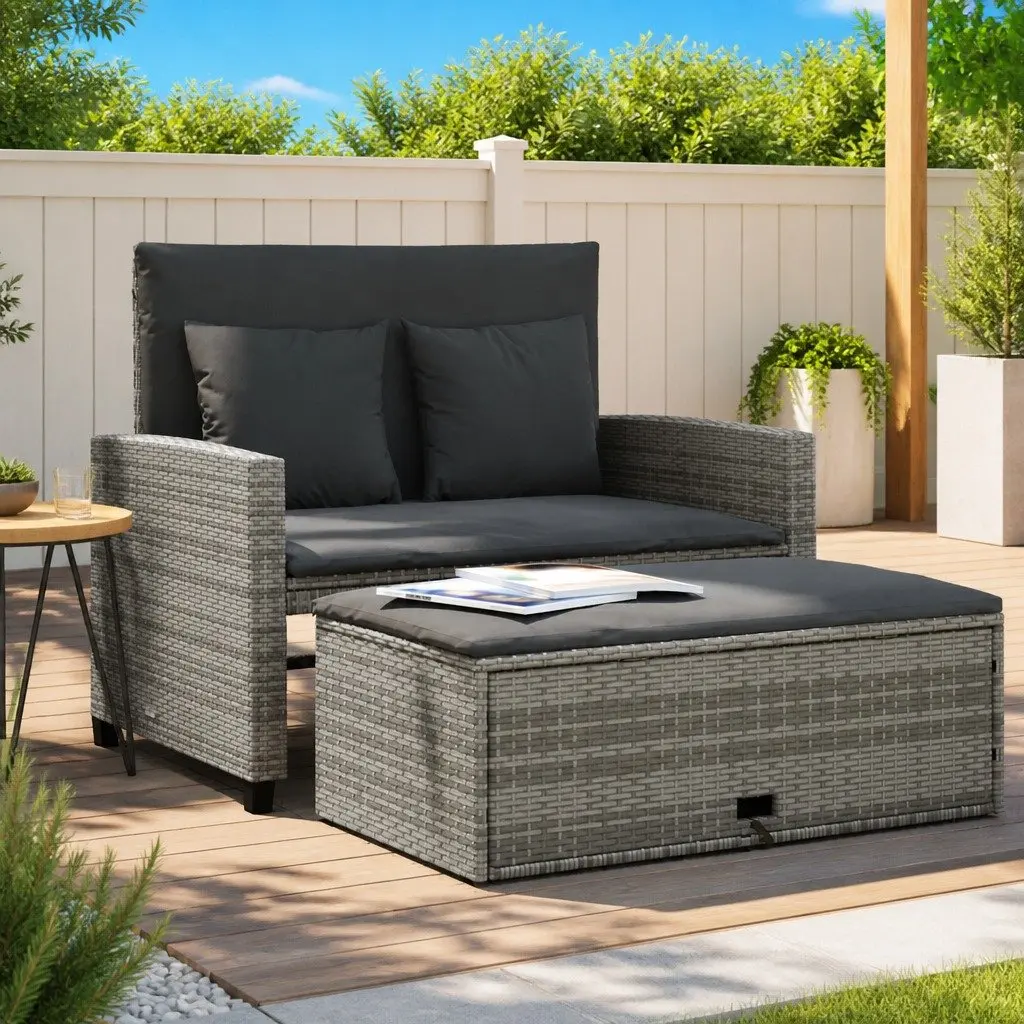 2-Seater Garden Sofa Bed Grey Poly Rattan with Cushions