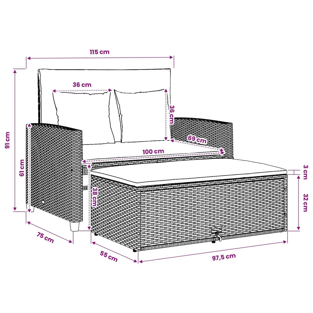 2-Seater Garden Sofa Bed Grey Poly Rattan with Cushions
