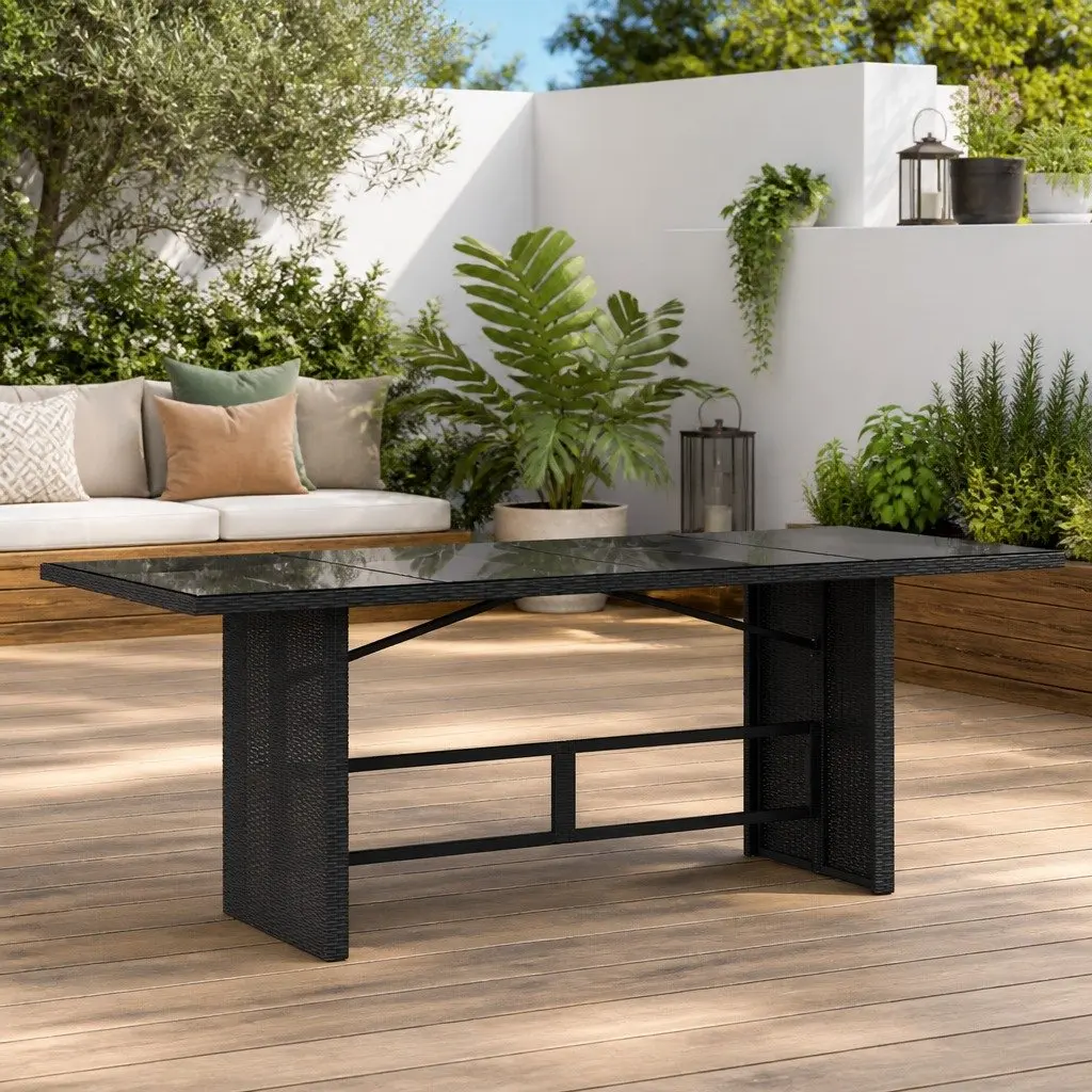 Garden Table Poly Rattan Black Tempered Glass Top 190 x 80 x 74 cm