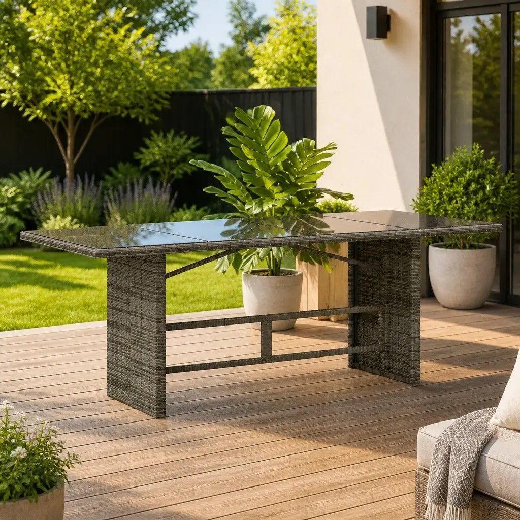 Garden Table Poly Rattan Tempered Glass Top 190x80x74cm Grey