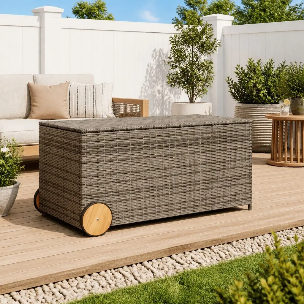 Grey Garden Storage Box with Wheels for Outdoor Use