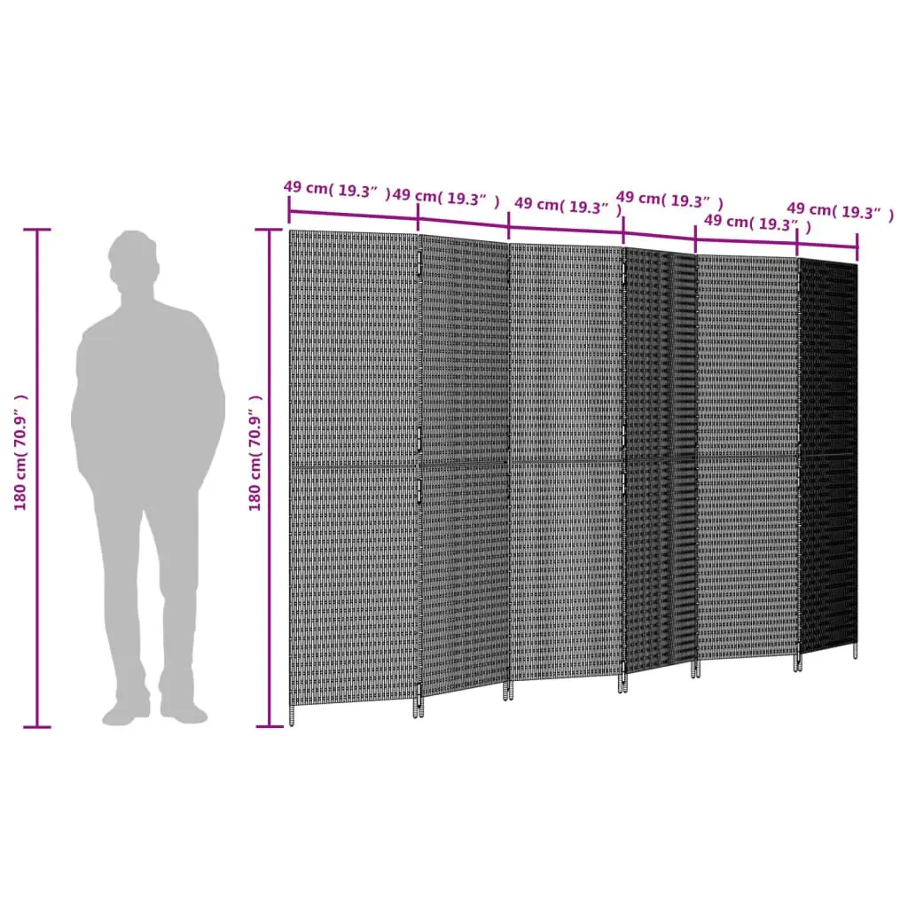 Black Poly Rattan Folding Partition with 6 Panels