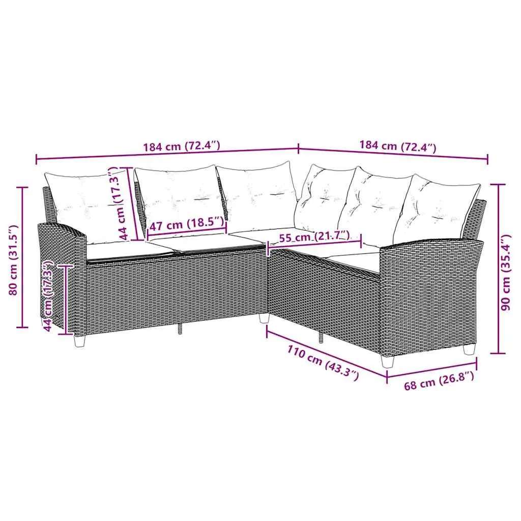 L-Shaped Outdoor Sofa Couch PE Rattan Steel Black