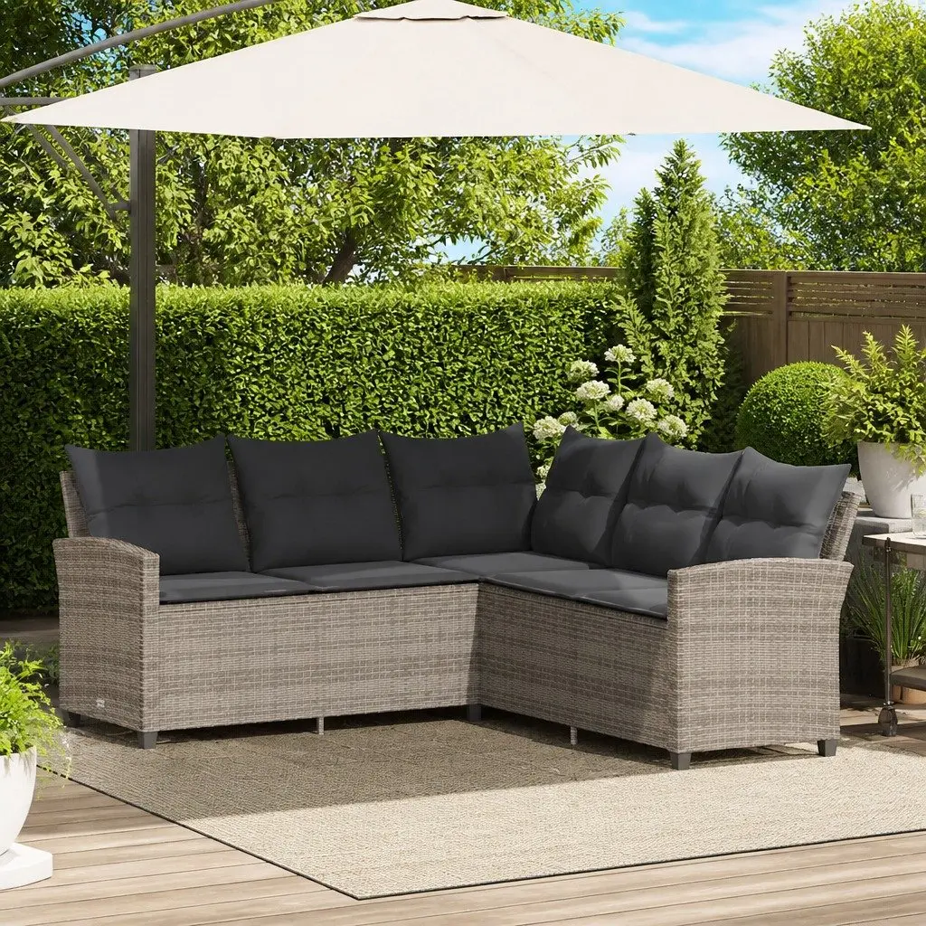 L-Shaped Couch Sofa Poly Rattan Grey Outdoor Garden Patio with Cushions
