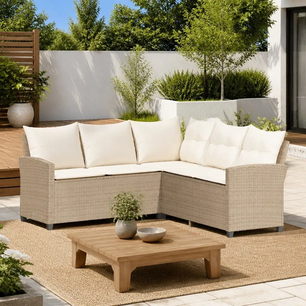 L-Shaped Couch Sofa Poly Rattan Beige Outdoor Garden Patio