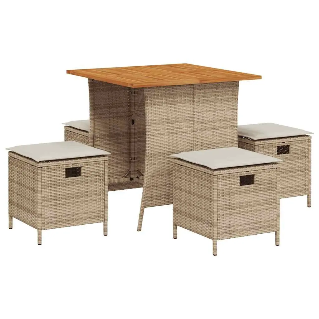 Garden Dining Set PE Rattan Acacia Wood 5 Piece Beige Patio Table Chairs