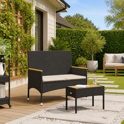 Black Poly Rattan 2-Seater Garden Bench with Coffee Table