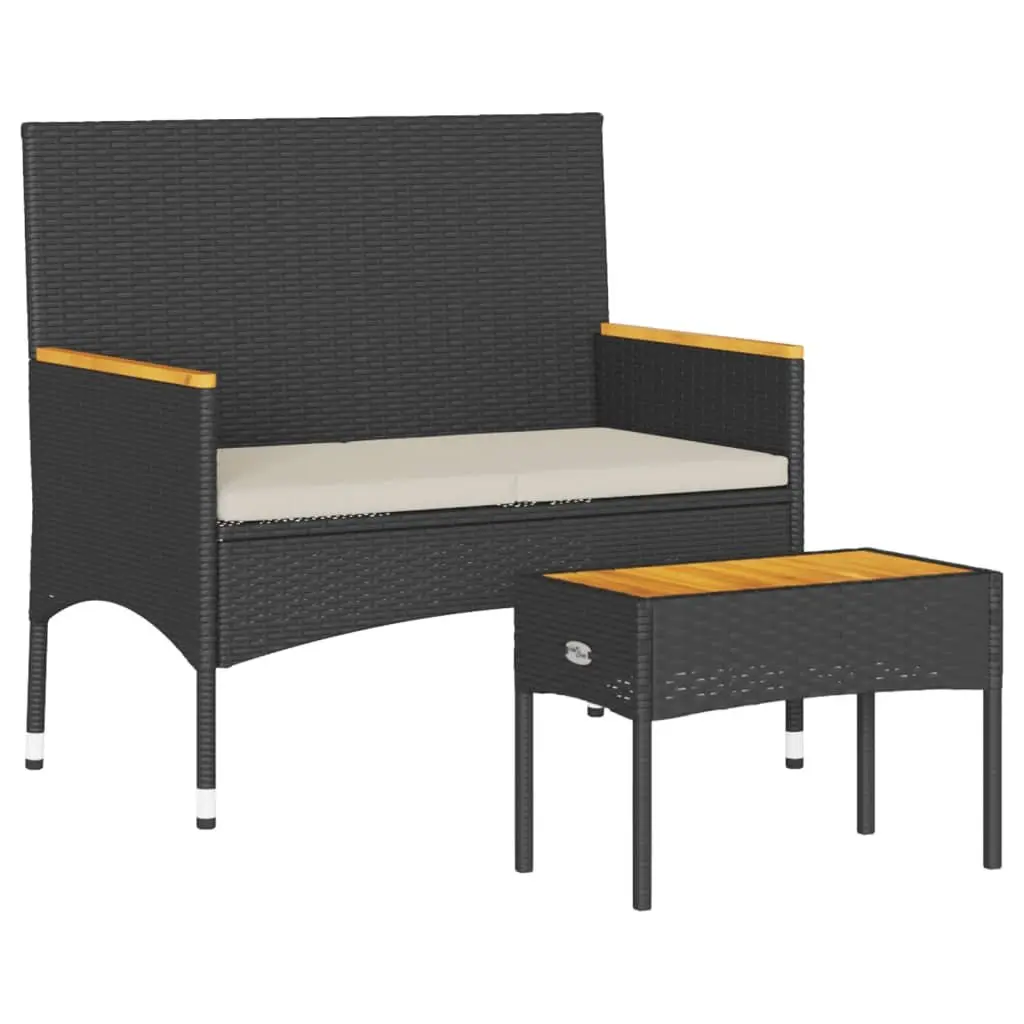 Black Poly Rattan 2-Seater Garden Bench with Coffee Table
