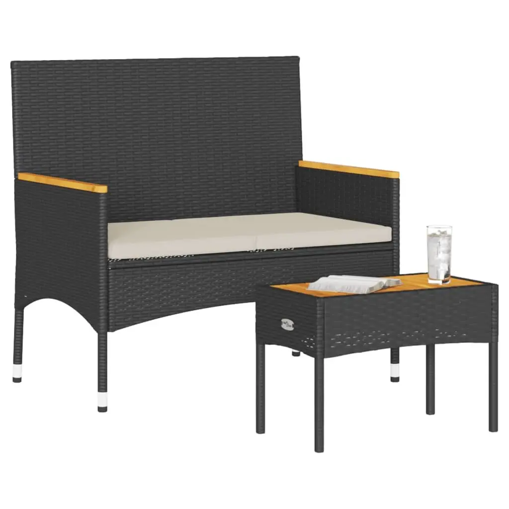 Black Poly Rattan 2-Seater Garden Bench with Coffee Table