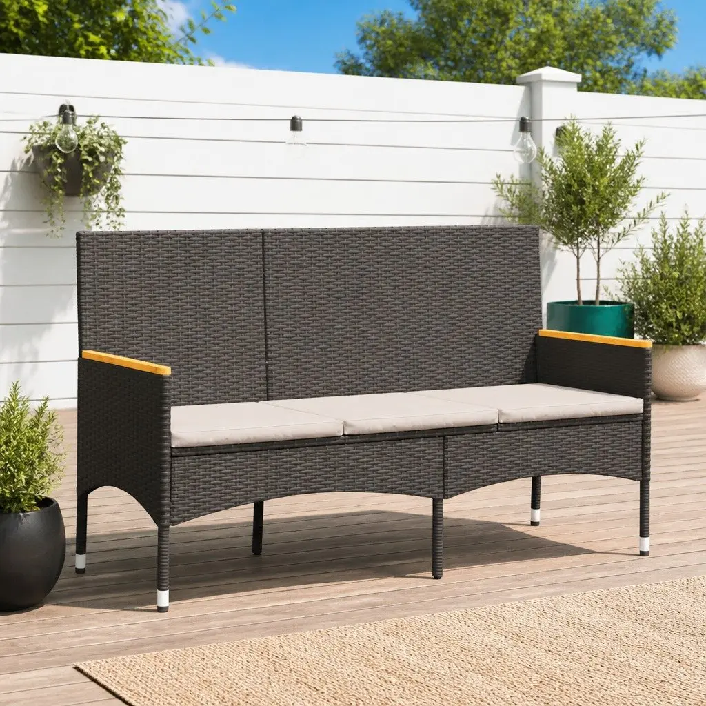 Garden Bench PE Rattan 3-Seater Black with Cushions