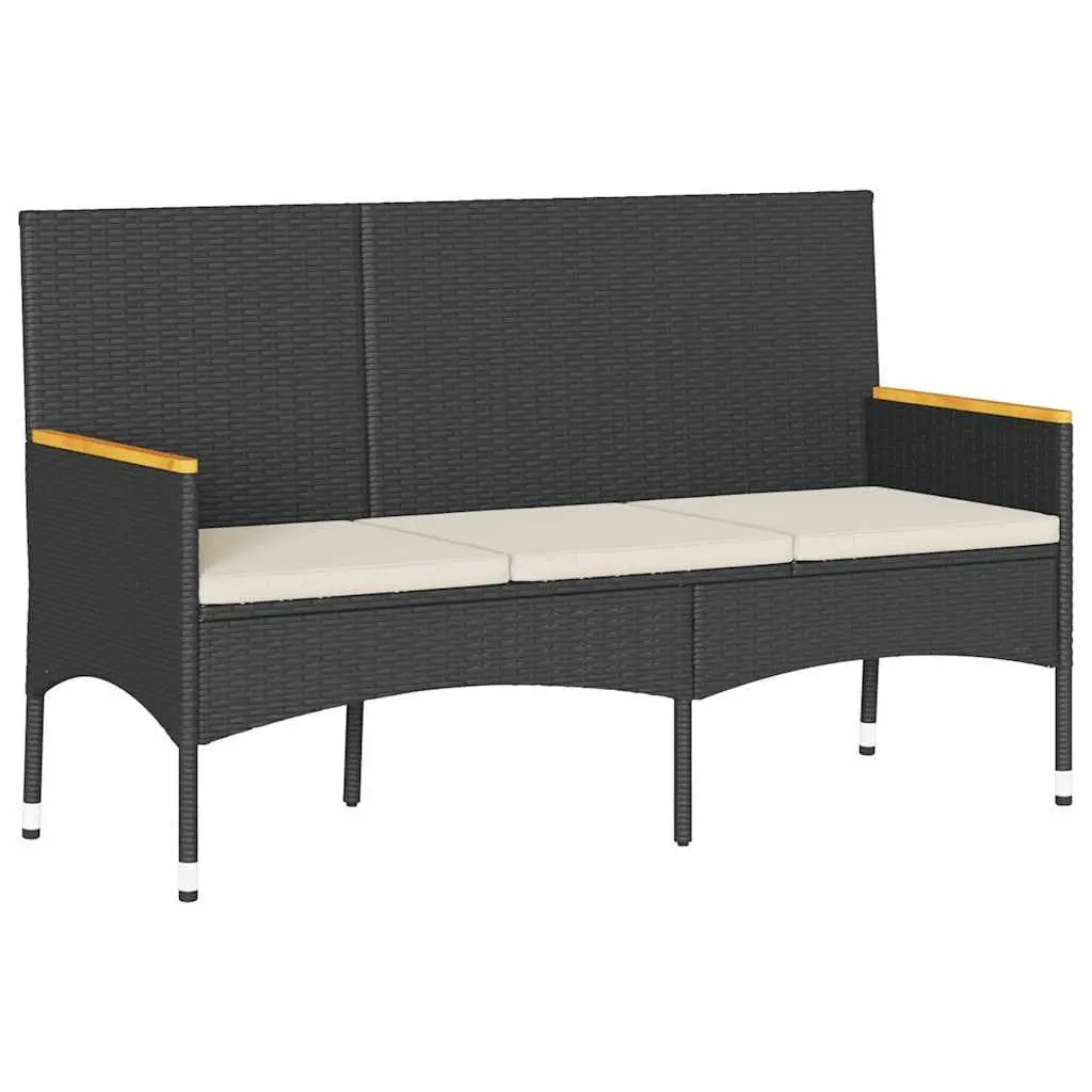 Garden Bench PE Rattan 3-Seater Black with Cushions