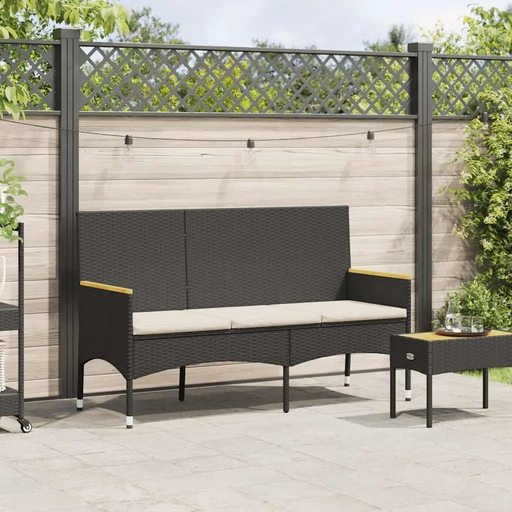 Garden Bench PE Rattan 3-Seater Black with Cushions
