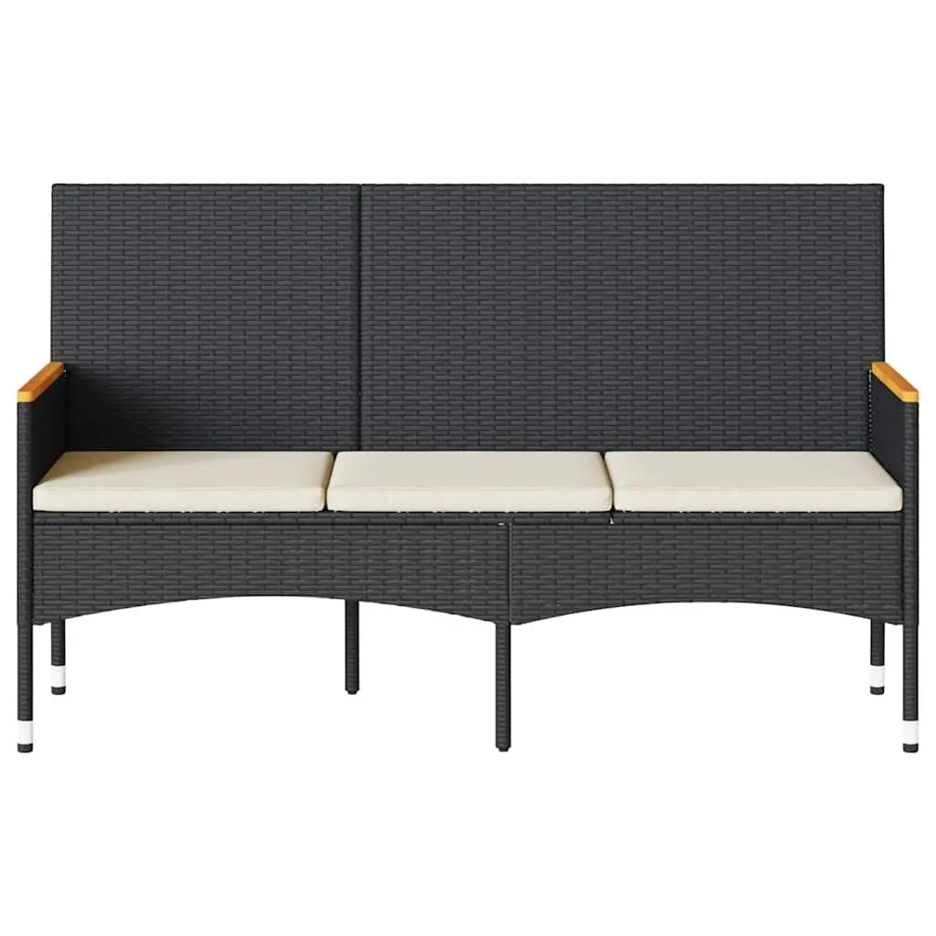 Garden Bench PE Rattan 3-Seater Black with Cushions