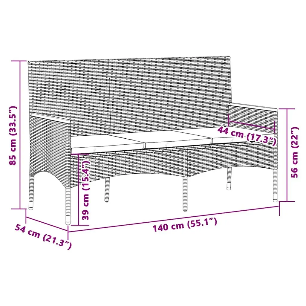 Garden Bench PE Rattan 3-Seater Black with Cushions