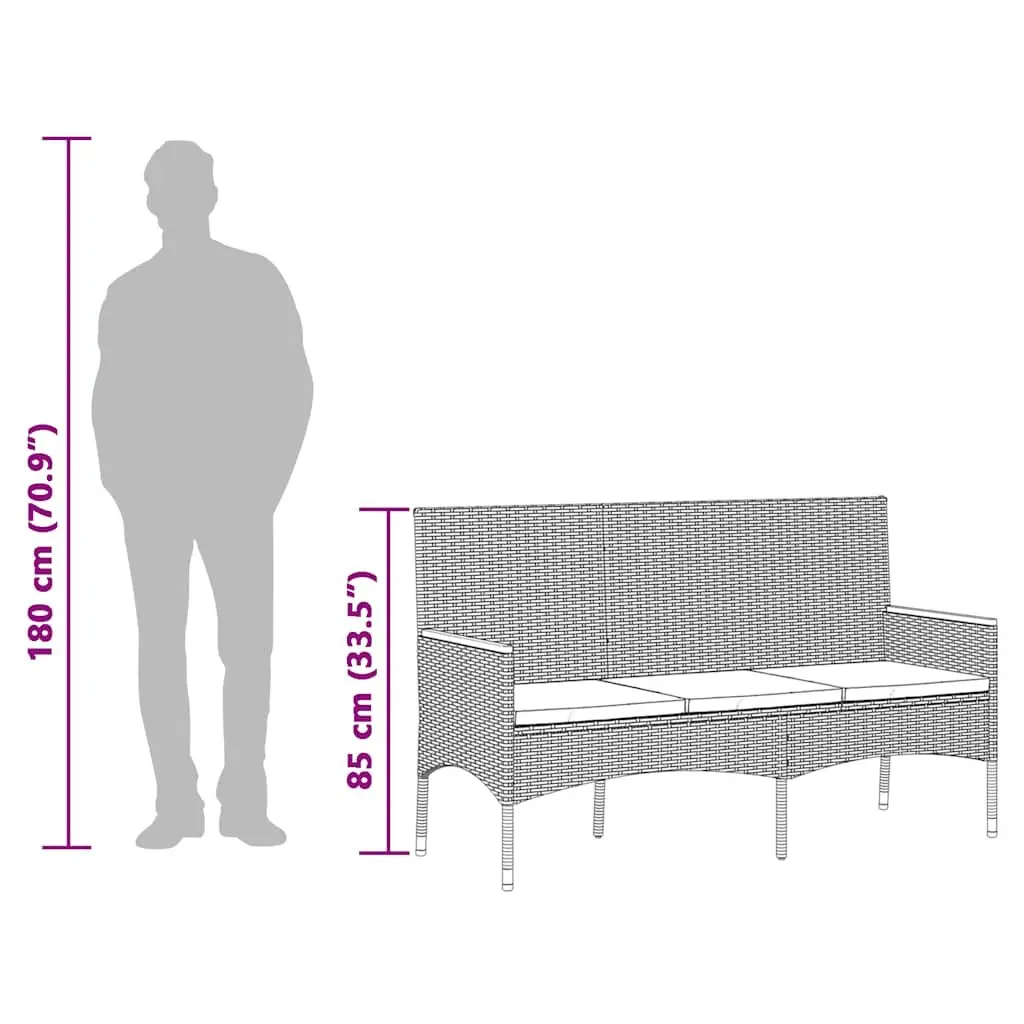 Garden Bench PE Rattan 3-Seater Black with Cushions