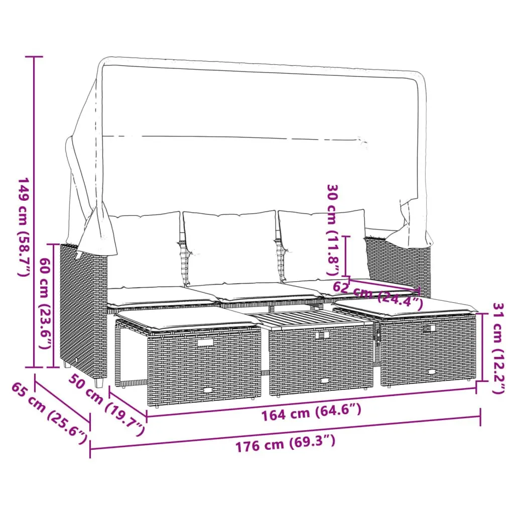 3-Seater Garden Sofa with Retractable Canopy and Stools