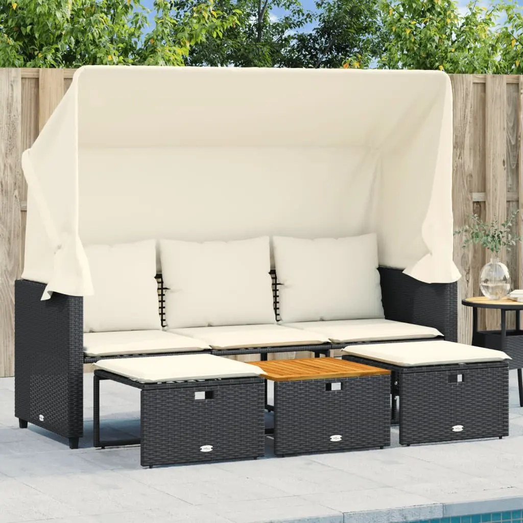 3-Seater Garden Sofa with Retractable Canopy and Stools