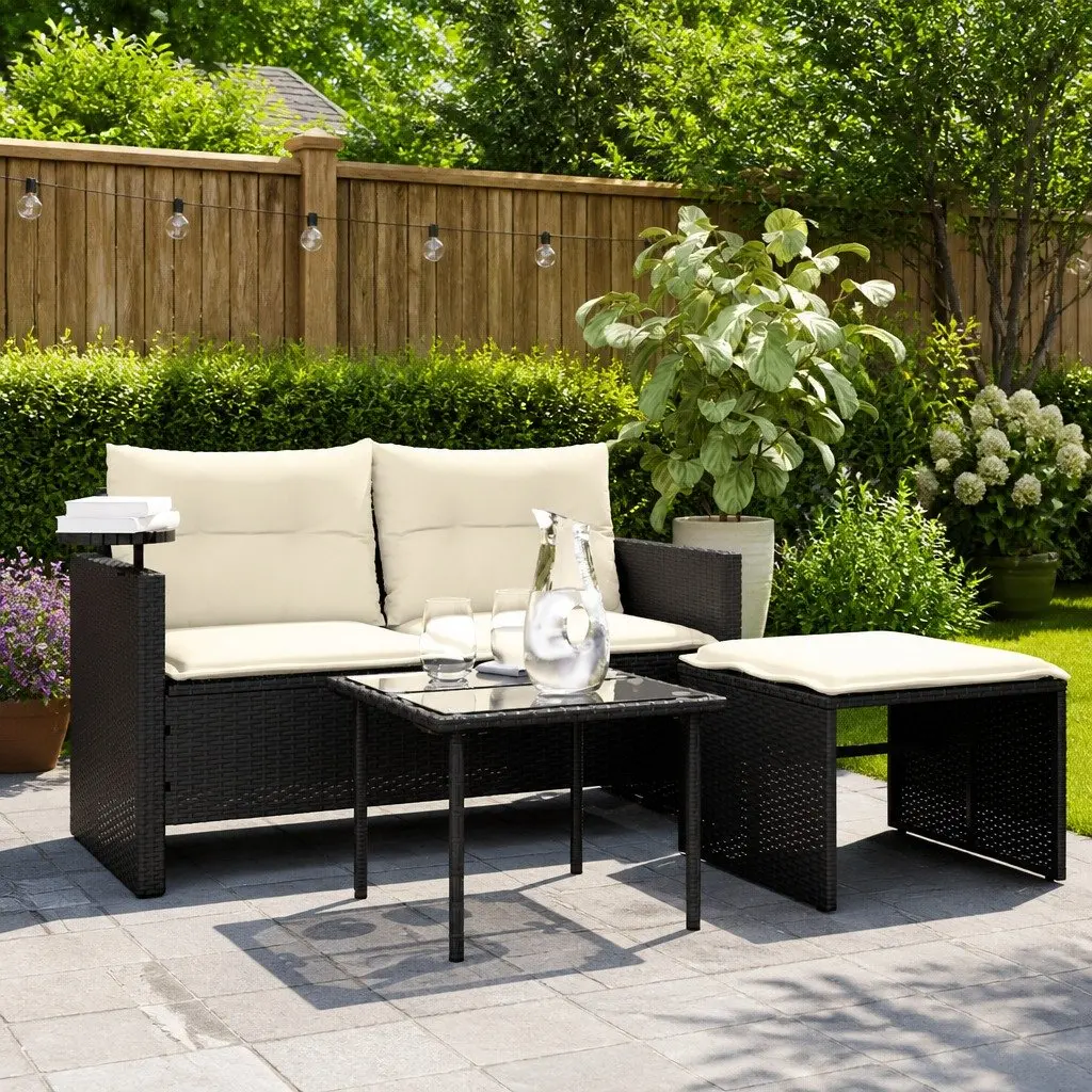 Black 3-Piece Outdoor Sofa Set with Cushions and Table