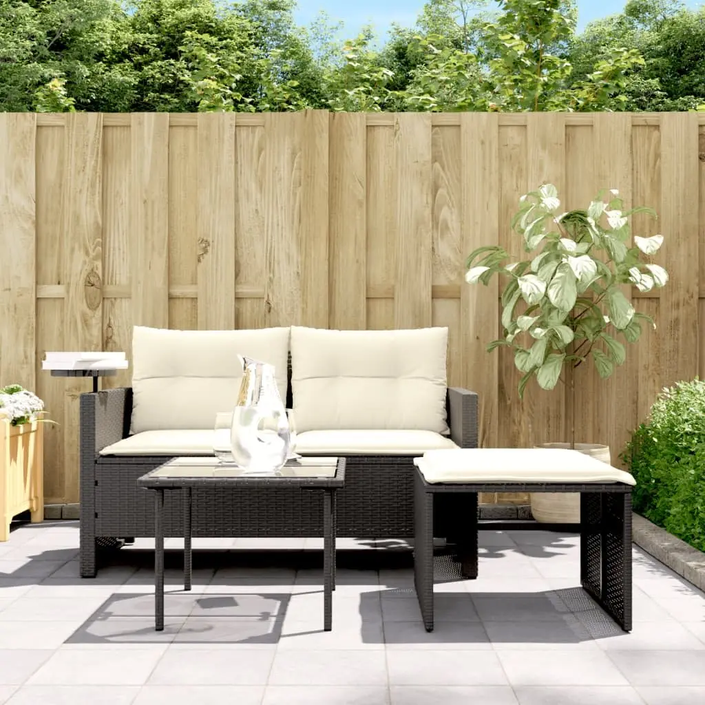 Black 3-Piece Outdoor Sofa Set with Cushions and Table