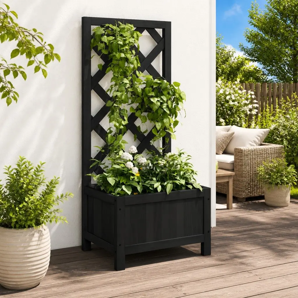 Wooden Planter Solid Fir Black with Trellis Support for Garden Patio Outdoor Plants