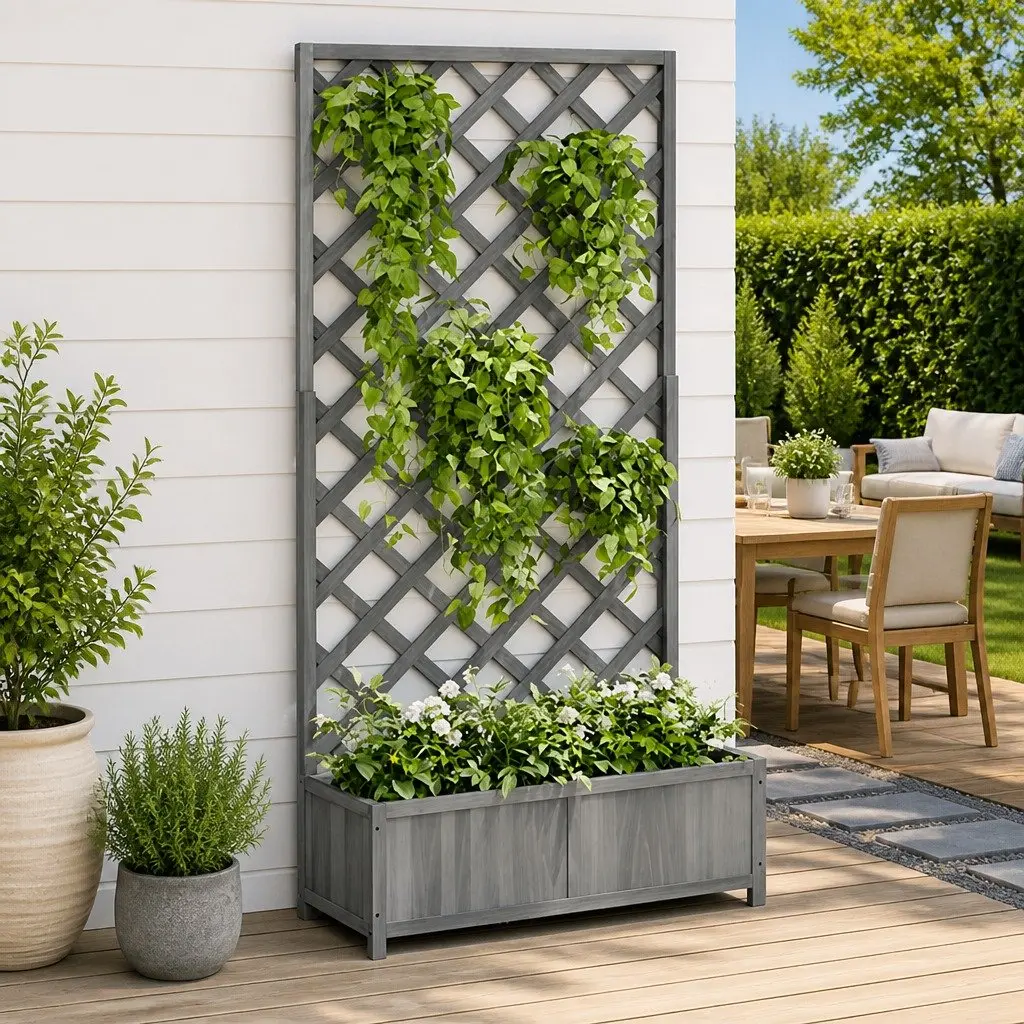 Grey Wooden Planter Box with Trellis