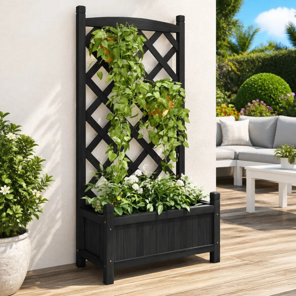 Black Fir Wooden Planter with Trellis for Climbing Plants