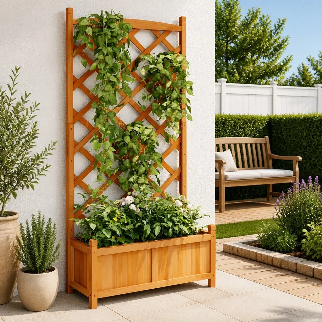 Wooden Planter with Trellis Brown Fir Garden Climbing Plant Support Patio Decor
