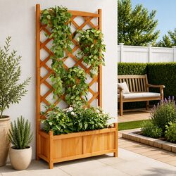Solid Fir Wooden Planter with Trellis for Climbing Plants