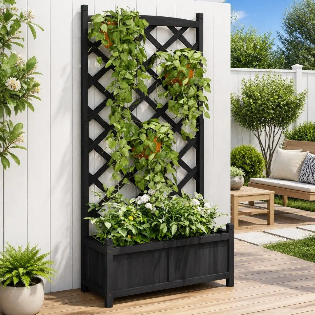 Planter Solid Wood Fir Black Outdoor Garden Climbing Plants with Trellis