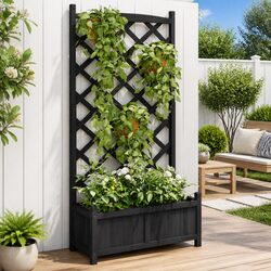 Black Solid Fir Wood Planter with Integrated Trellis