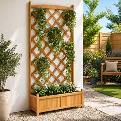 Sturdy Brown Fir Wooden Planter with Integrated Trellis