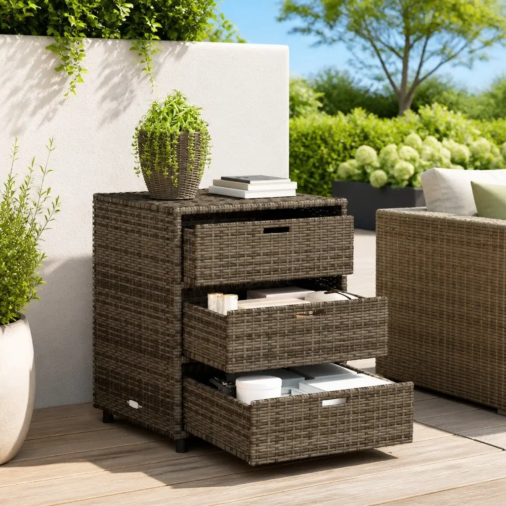 Garden Storage Cabinet Poly Rattan Grey 3 Drawers 55 x 59 x 69 cm