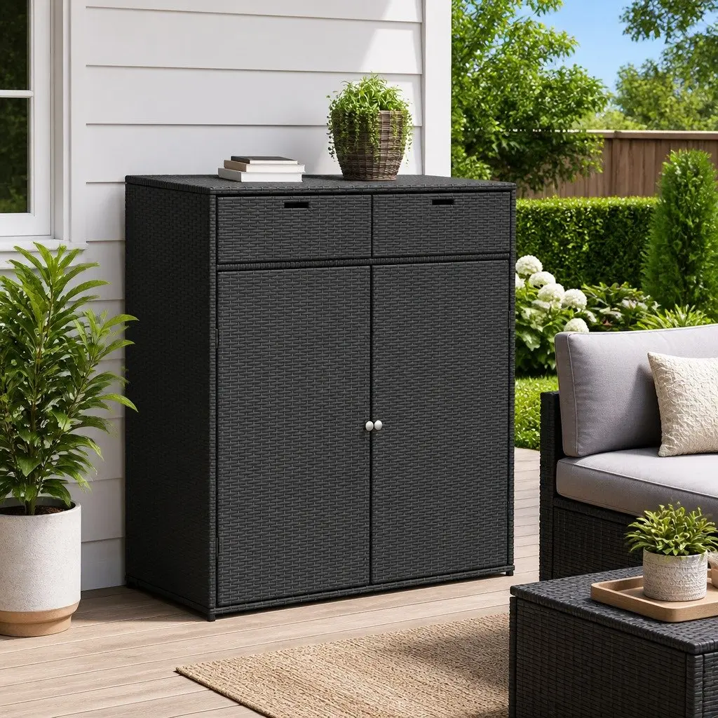 Outdoor Poly Rattan Storage Cabinet in Black