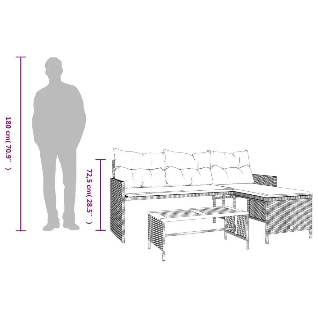L-Shaped Garden Sofa Set with Table and Cushions