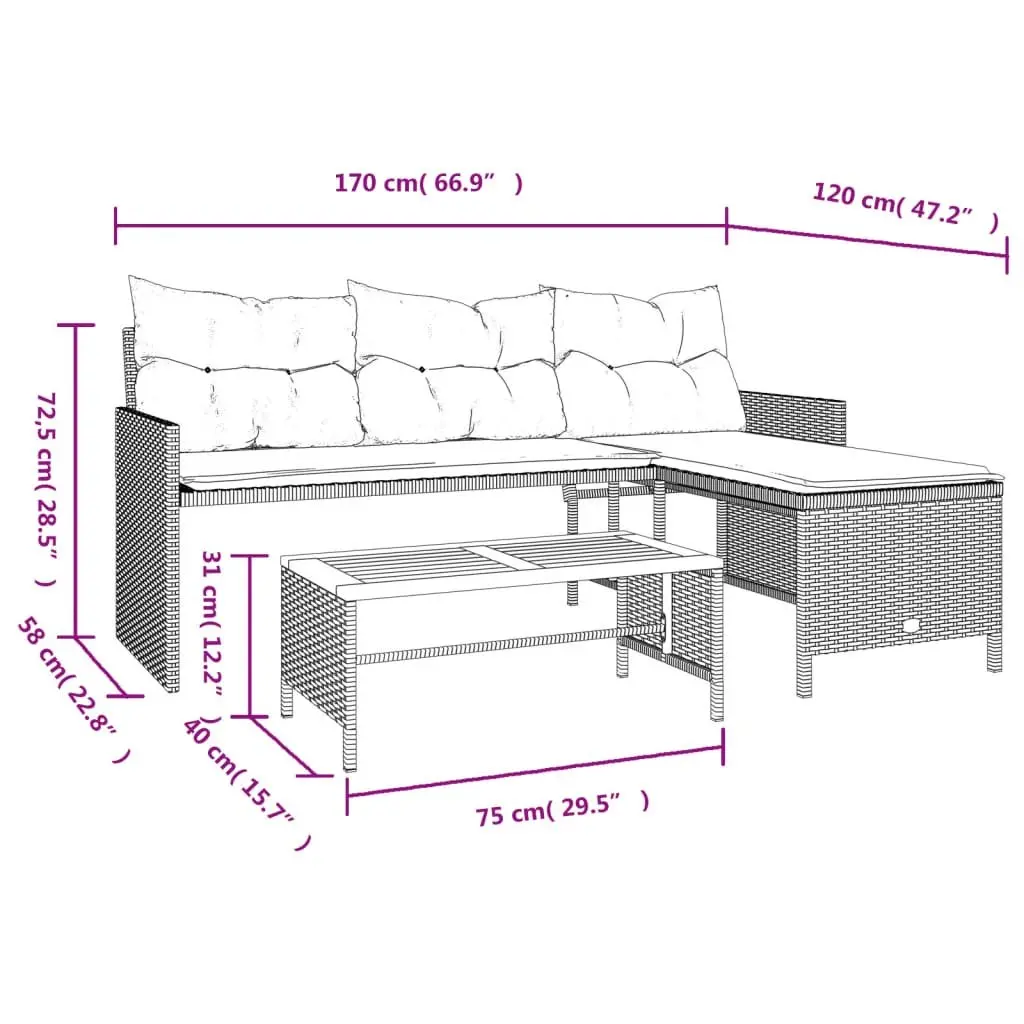 L-Shaped Garden Sofa Set with Table and Cushions