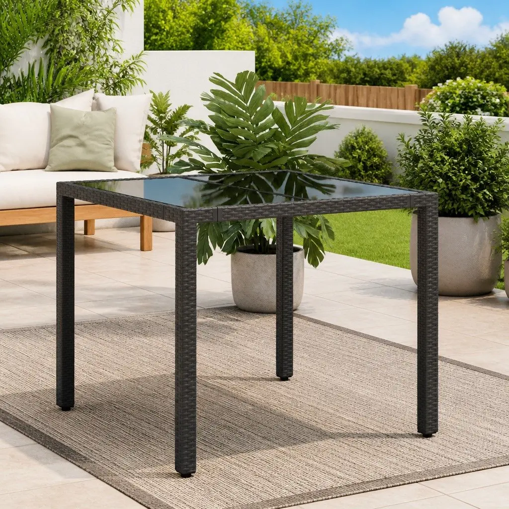 Black Glass Top Garden Table 90x90x75cm Poly Rattan