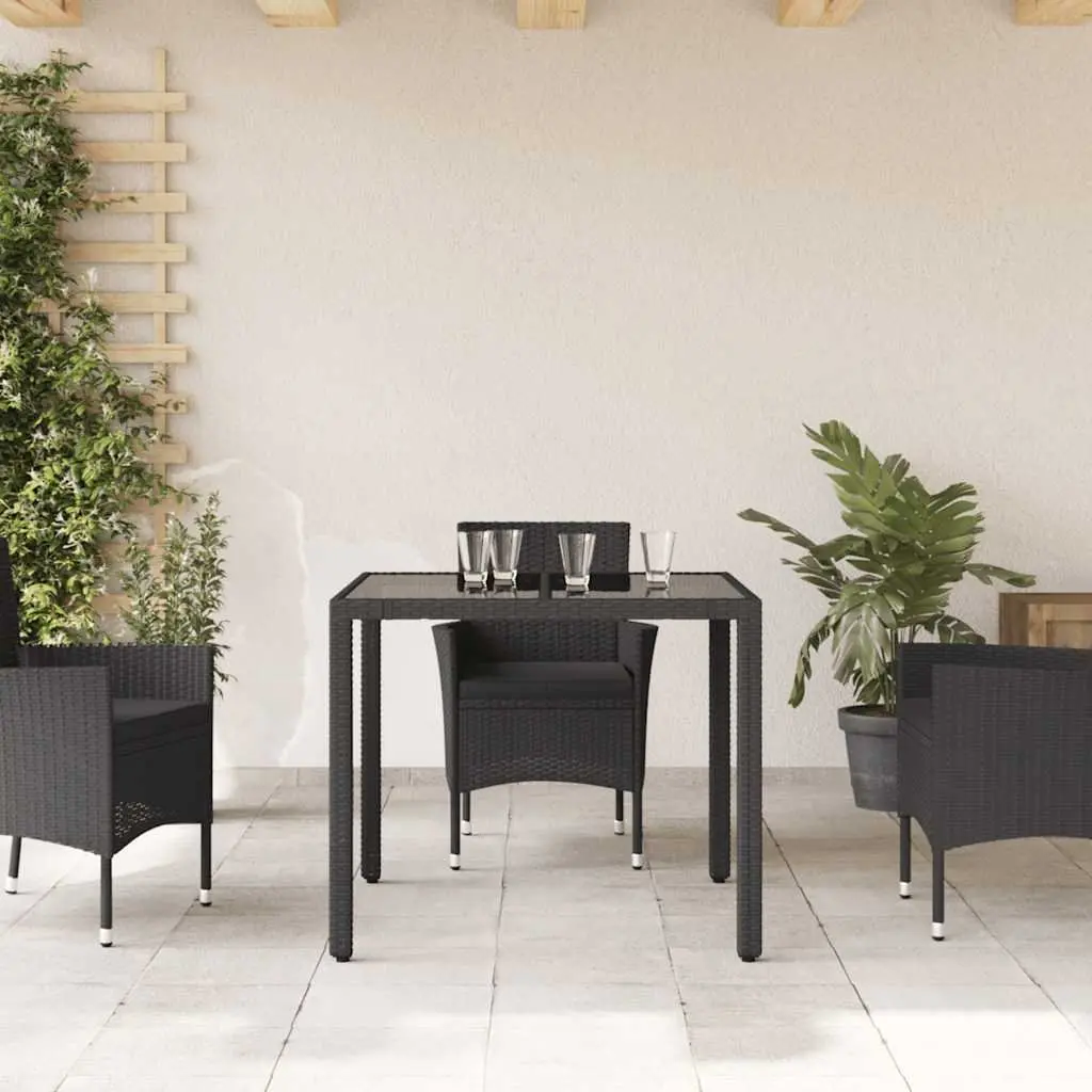 Black Glass Top Garden Table 90x90x75cm Poly Rattan