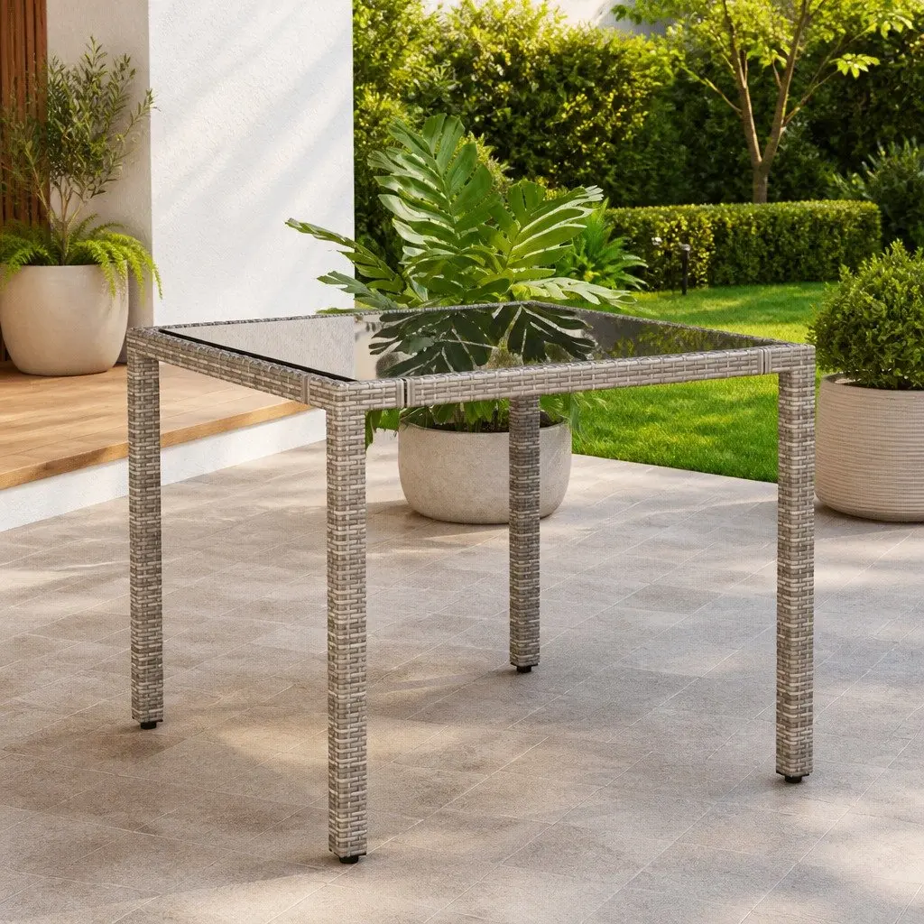 Garden Table PE Rattan Frame Grey Glass Top 90x90x75cm