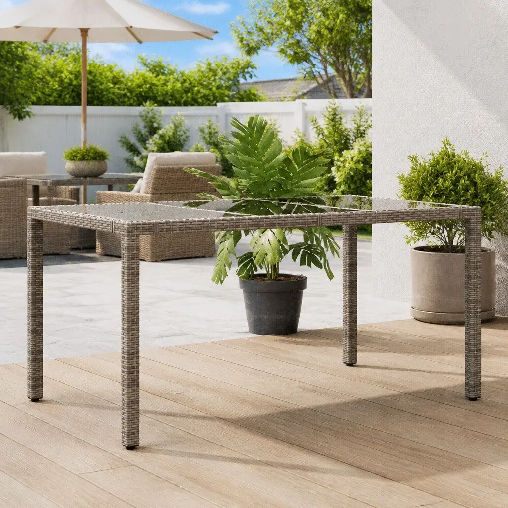 Garden Table Glass Top 150x90x75cm Grey Poly Rattan