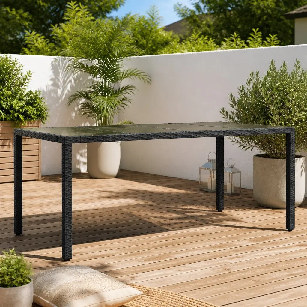 Garden Table Outdoor Poly Rattan Frame 190x90cm Black Tempered Glass Top