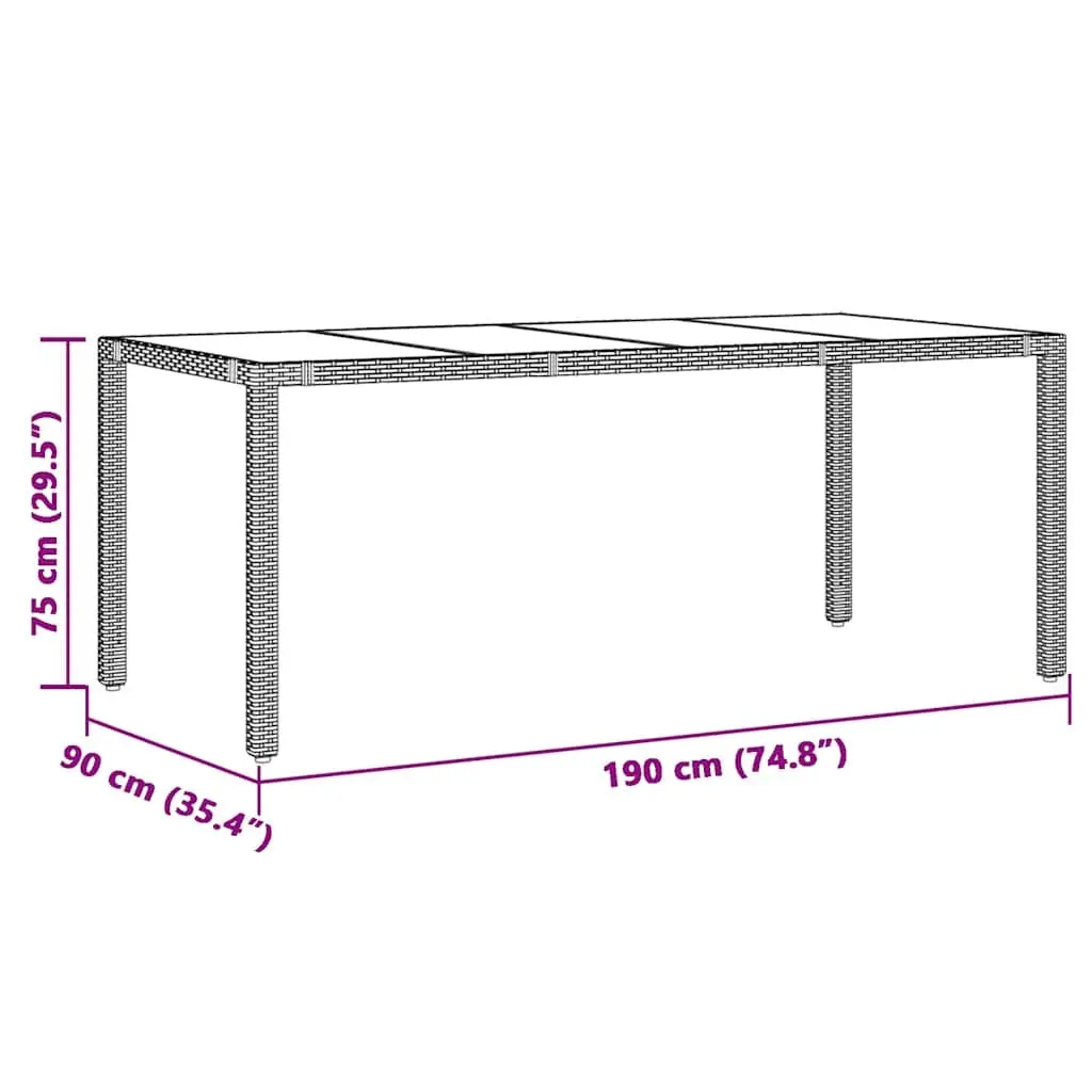 Grey Outdoor Poly Rattan Garden Table with Glass Top 190x90x75cm