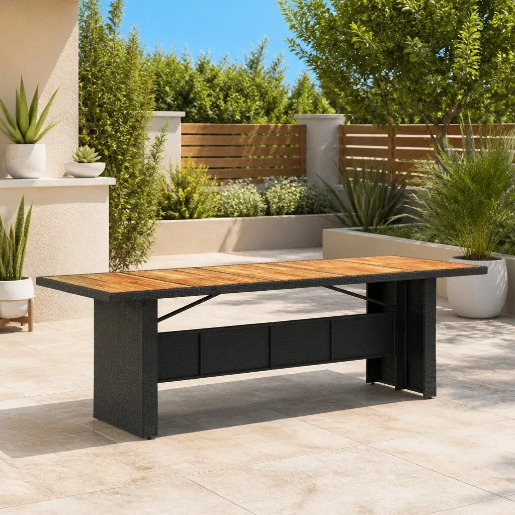 Garden Dining Table Poly Rattan Frame Acacia Wood Top 240x90x75cm Black