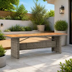 Grey Poly Rattan Outdoor Garden Table with Acacia Wood Top