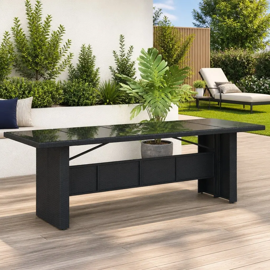 Garden Table Poly Rattan Glass Top 240x90x75cm Black