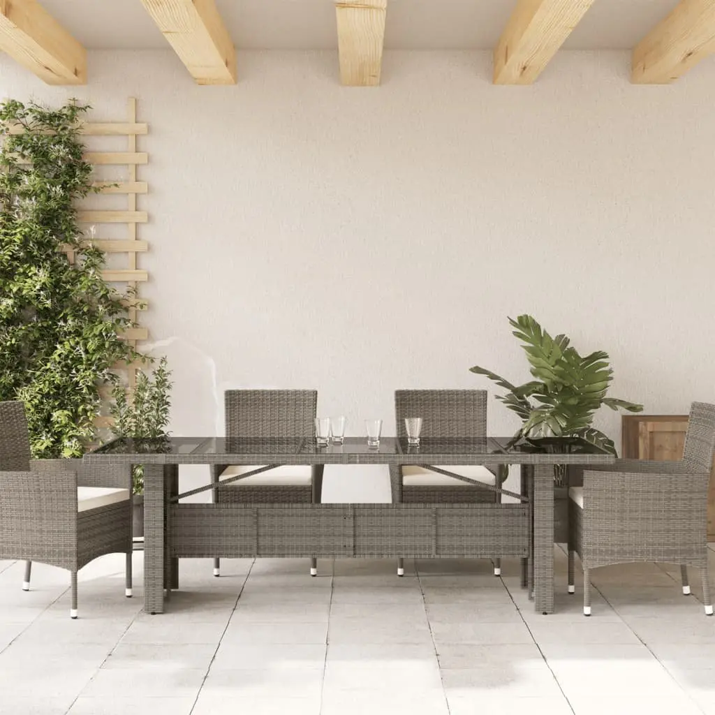Garden Table Tempered Glass Top Grey PE Poly Rattan 240x90x75cm