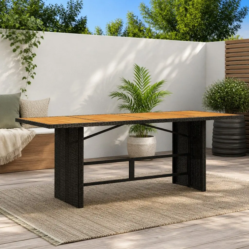 Black Poly Rattan Garden Table with Acacia Wood Top