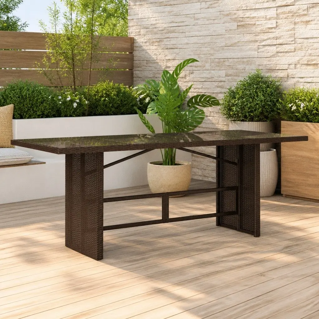 Garden Table PE Rattan Frame Tempered Glass Top Brown 190L x 80W x 75H cm